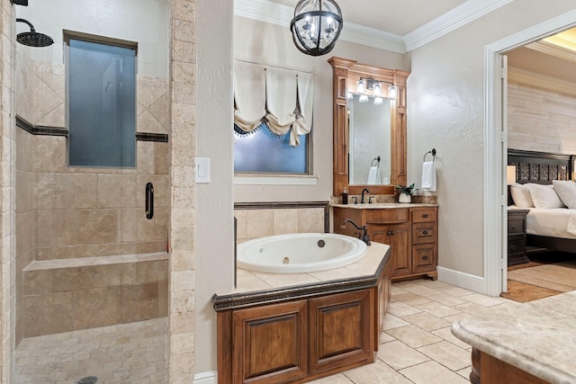 bathroom featuring ornamental molding, shower with separate bathtub, and vanity