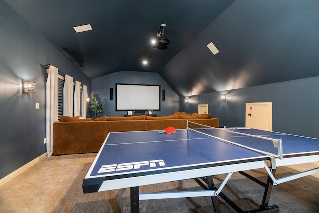 game room featuring lofted ceiling and carpet flooring