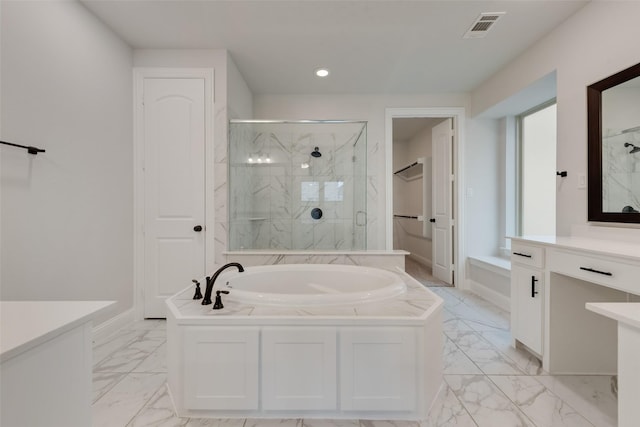 bathroom with vanity and plus walk in shower