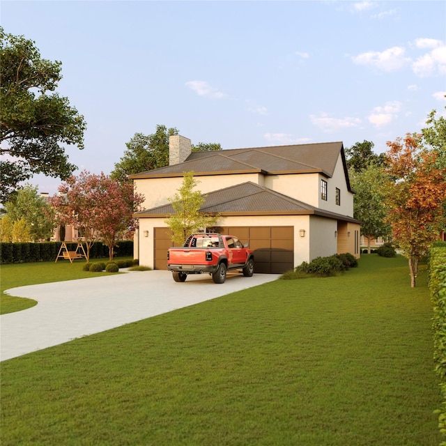 view of side of home with a garage and a yard