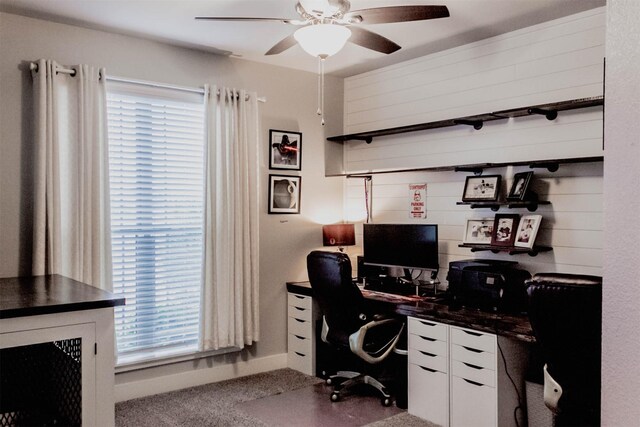 office space featuring carpet floors and ceiling fan