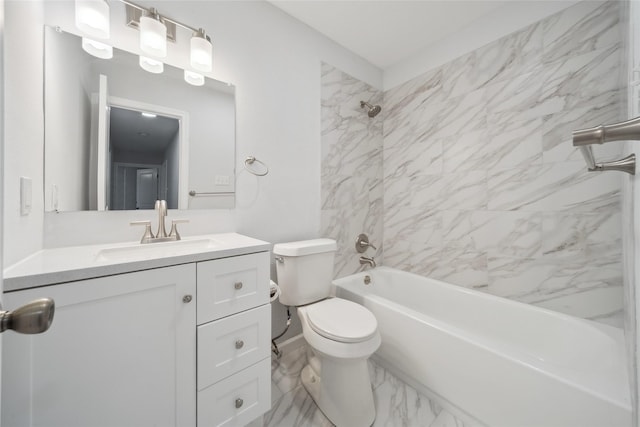 full bathroom with tiled shower / bath combo, vanity, and toilet