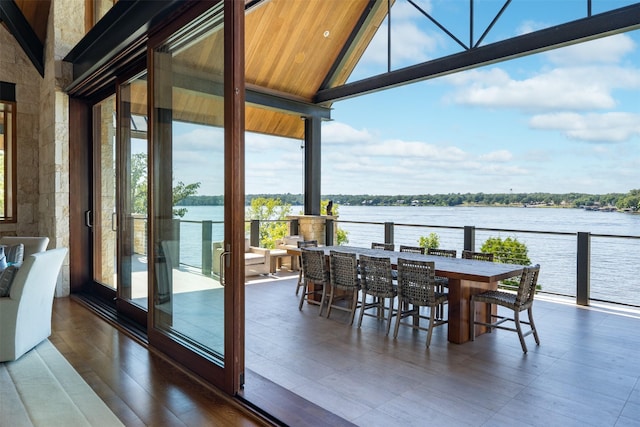 interior space featuring a water view