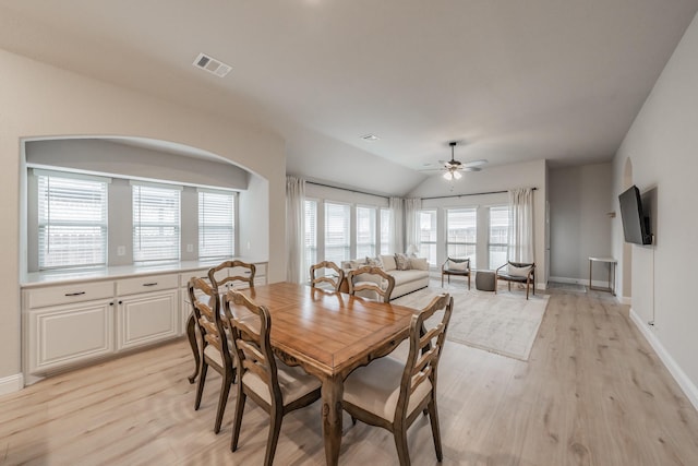 dining space featuring light wood finished floors, ceiling fan, visible vents, and baseboards