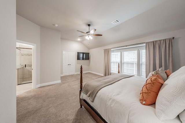 bedroom with lofted ceiling, light colored carpet, visible vents, ceiling fan, and baseboards