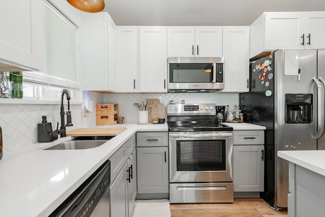 kitchen with sink, decorative backsplash, white cabinets, and appliances with stainless steel finishes