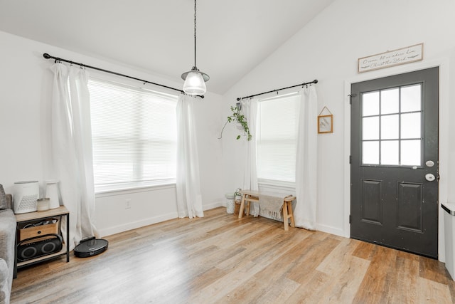 foyer entrance featuring vaulted ceiling, a healthy amount of sunlight, and light hardwood / wood-style flooring