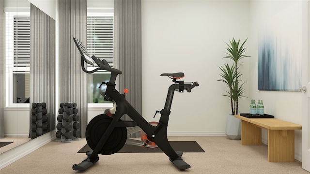 exercise room with light carpet