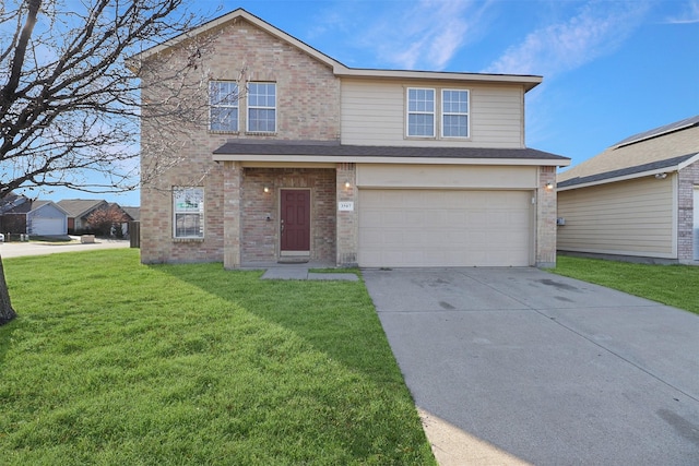 front facade featuring a garage and a front yard