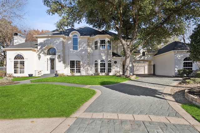 french provincial home featuring a front lawn