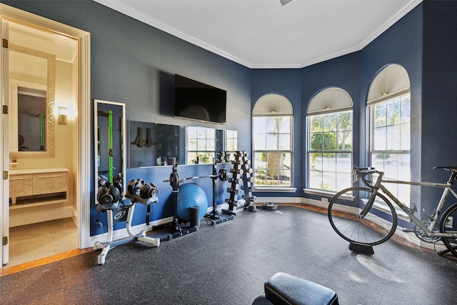 exercise area with crown molding