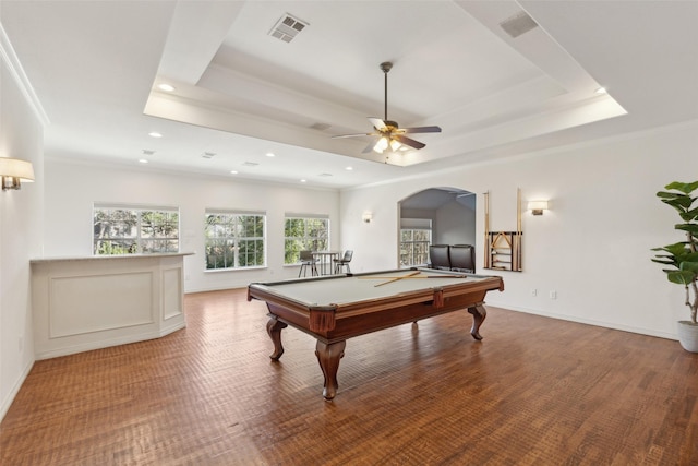 rec room with billiards, ornamental molding, and a raised ceiling