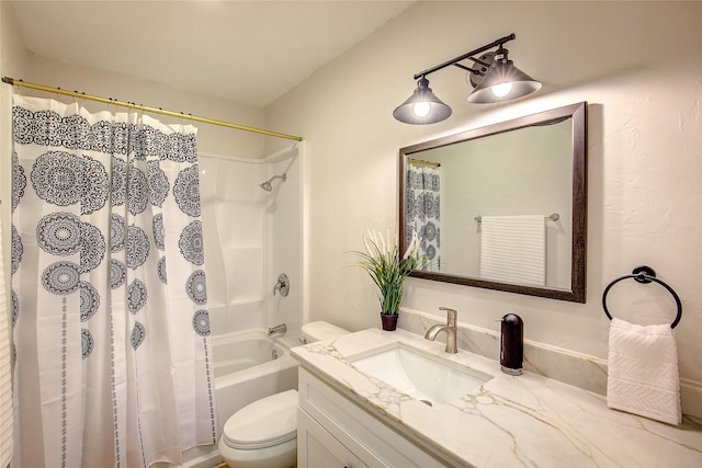 full bathroom featuring vanity, shower / bathtub combination with curtain, and toilet