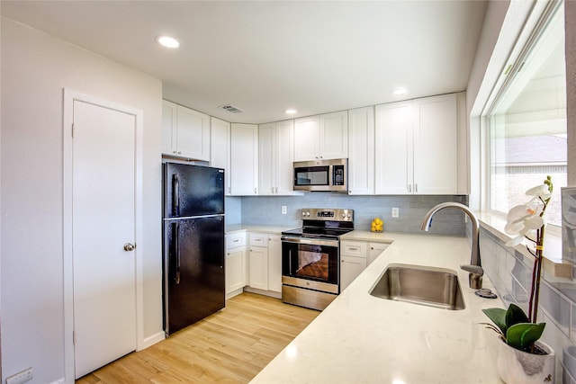 kitchen featuring sink, white cabinetry, backsplash, stainless steel appliances, and light wood-type flooring