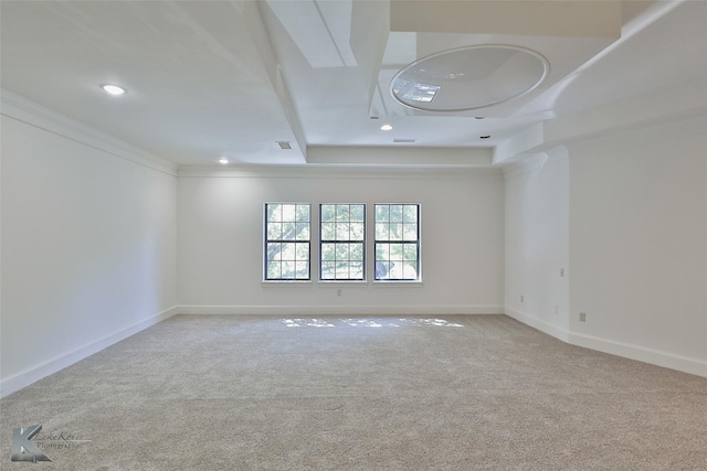 empty room with light carpet and crown molding