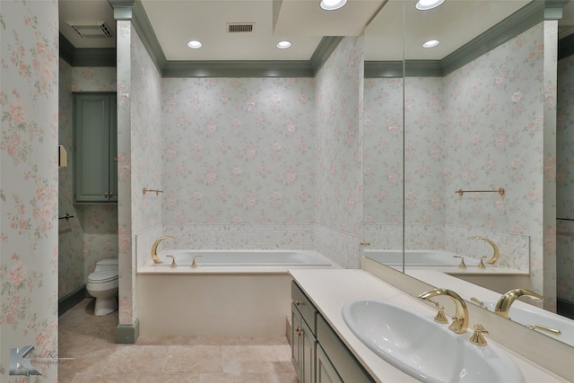 bathroom featuring a bathing tub, tile patterned flooring, ornamental molding, vanity, and toilet