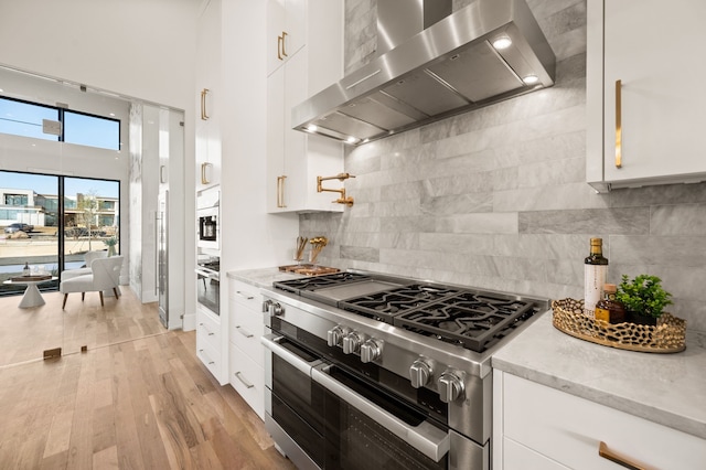 kitchen with white cabinetry, tasteful backsplash, ventilation hood, stainless steel appliances, and light hardwood / wood-style floors