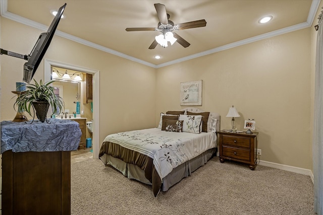 597 Imagine Dr, Lindale, TX 75771 - bedroom with ornamental molding, light colored carpet, ceiling fan, and ensuite bath
