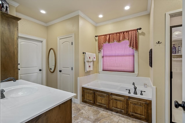 597 Imagine Dr, Lindale, TX 75771 - bathroom with ornamental molding, vanity, and a tub to relax in