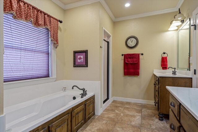 597 Imagine Dr, Lindale, TX 75771 - bathroom with vanity, crown molding, and independent shower and bath