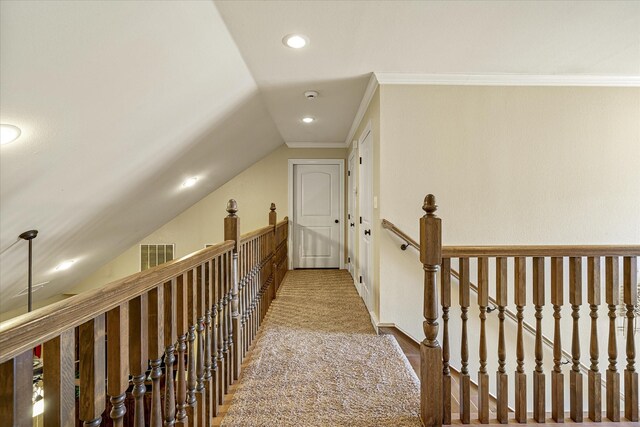 597 Imagine Dr, Lindale, TX 75771 - corridor featuring ornamental molding, lofted ceiling, and carpet flooring