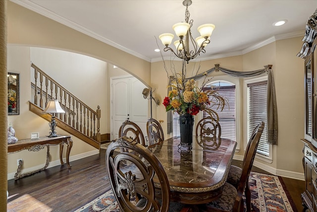 597 Imagine Dr, Lindale, TX 75771 - dining space with ornamental molding, an inviting chandelier, and dark hardwood / wood-style flooring