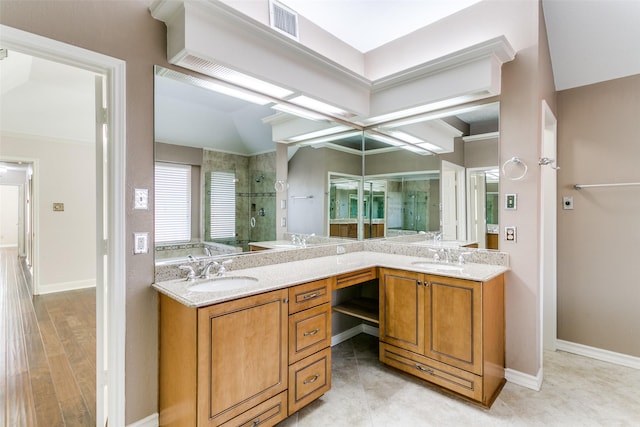 bathroom with vanity and a shower with shower door