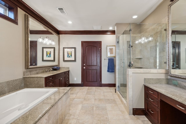 bathroom featuring vanity, shower with separate bathtub, and ornamental molding