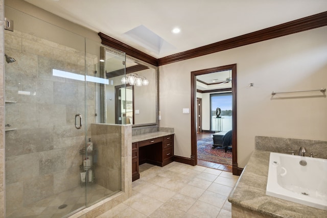 bathroom featuring independent shower and bath, crown molding, tile patterned floors, and vanity