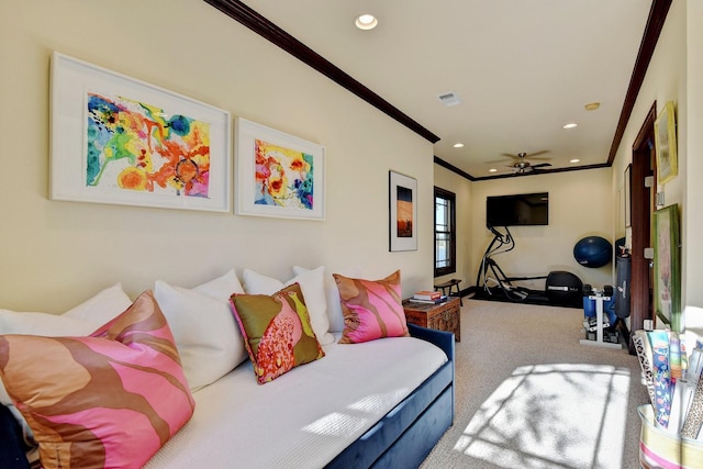 bedroom featuring crown molding and carpet flooring