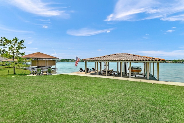 dock area featuring a water view and a yard