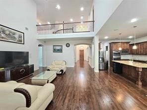 living room with a towering ceiling and dark hardwood / wood-style floors