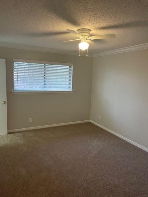 carpeted spare room featuring ornamental molding, a textured ceiling, and ceiling fan