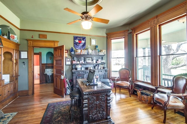 office featuring ceiling fan and light hardwood / wood-style floors