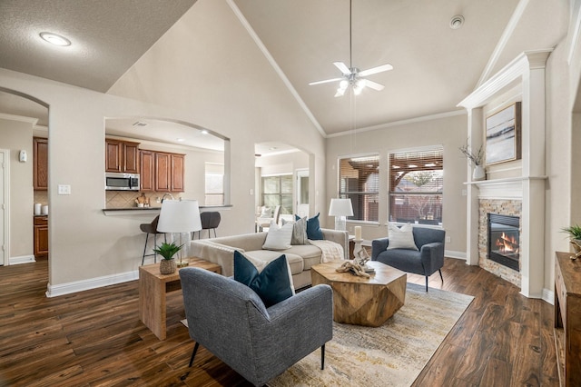 living room with crown molding, a stone fireplace, high vaulted ceiling, and dark hardwood / wood-style floors