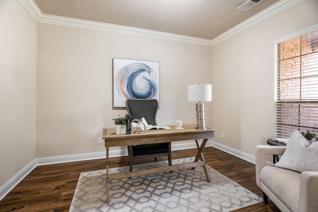 office area with crown molding and dark wood-type flooring