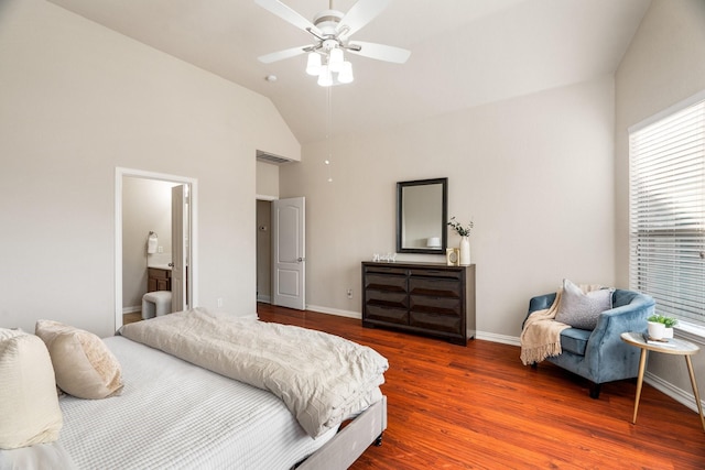 bedroom with wood-type flooring, lofted ceiling, and ceiling fan