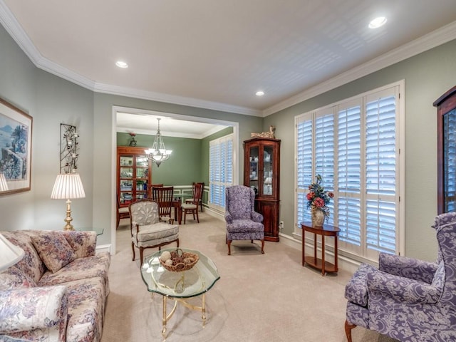 living room featuring a notable chandelier, crown molding, and light colored carpet