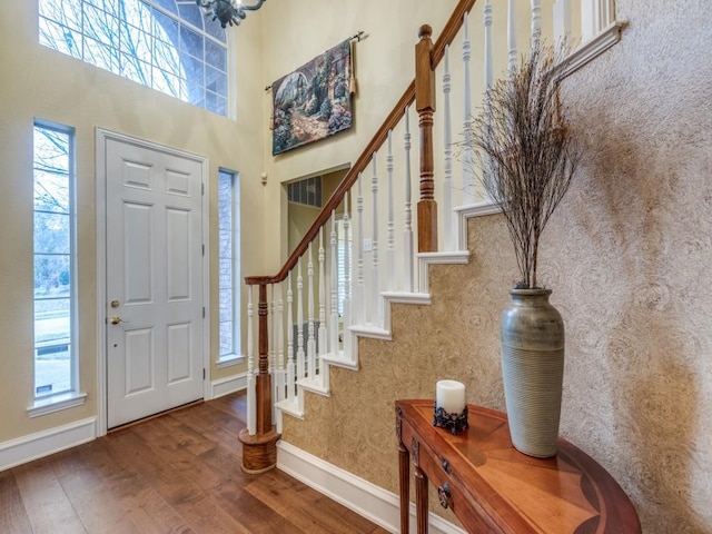 foyer with baseboards, a wealth of natural light, and wood finished floors