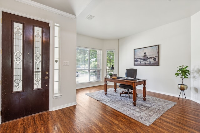 office featuring hardwood / wood-style flooring and ornamental molding