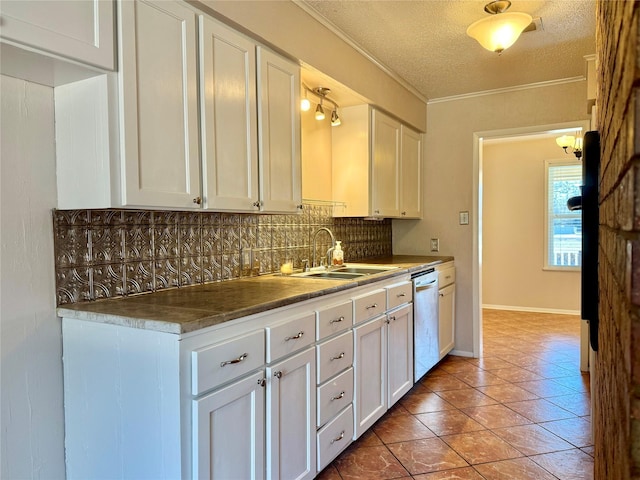 kitchen featuring ornamental molding, stainless steel dishwasher, white cabinets, and decorative backsplash