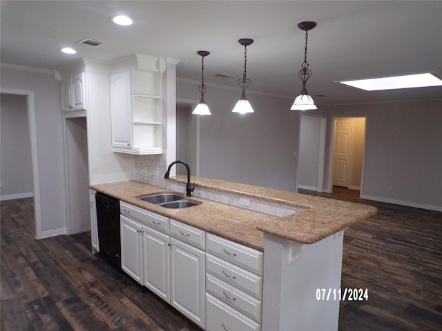 kitchen featuring sink, dishwasher, hanging light fixtures, ornamental molding, and white cabinets