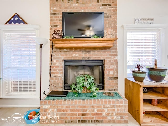 details with a brick fireplace