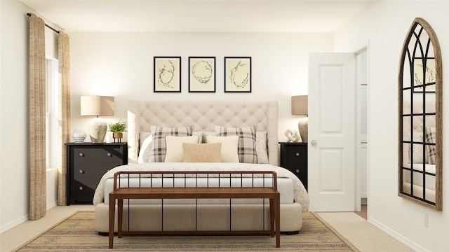 bedroom featuring light colored carpet