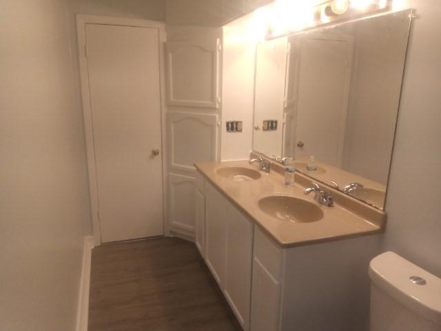 bathroom featuring vanity, hardwood / wood-style floors, and toilet