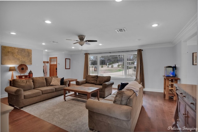 living room featuring ornamental molding, dark hardwood / wood-style floors, and ceiling fan