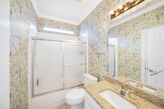 full bathroom with crown molding, combined bath / shower with glass door, vanity, and toilet