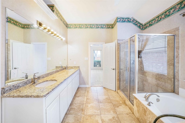 bathroom featuring vanity, tile patterned floors, ornamental molding, and independent shower and bath