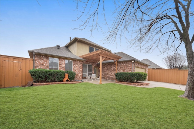 view of front facade with a garage, a front yard, and a pergola