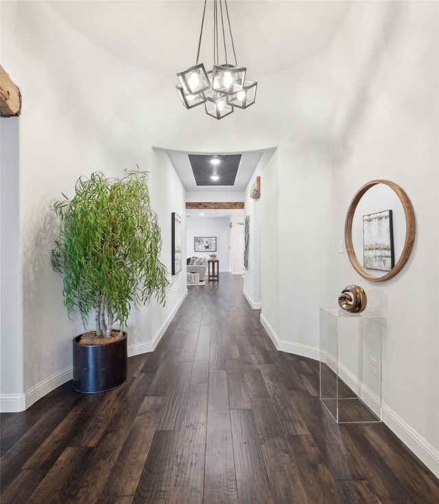 corridor featuring an inviting chandelier and dark hardwood / wood-style floors